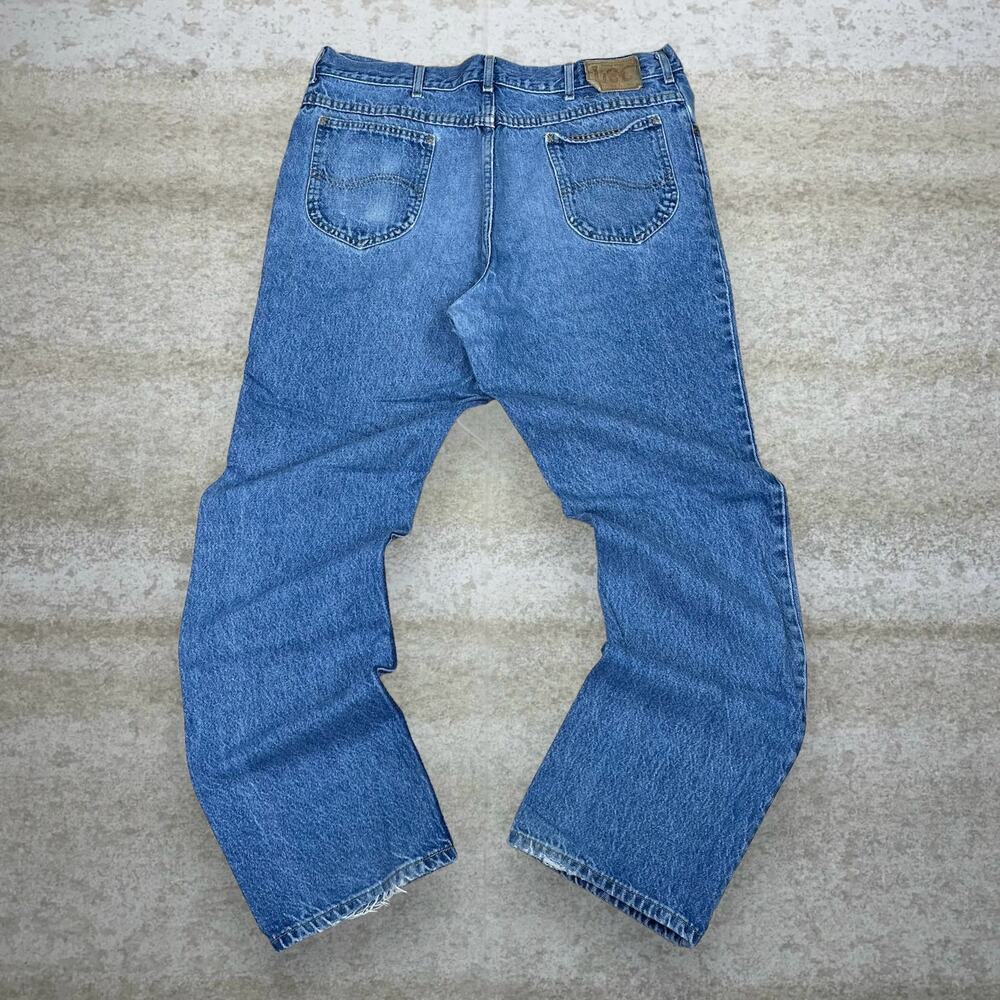 Vintage 90s Lee MR Jeans 38x34 Baggy Fit Light Wash Denim Tan Logo Tab